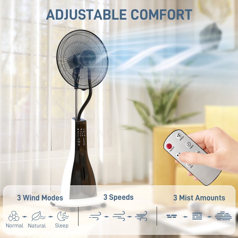 HOMCOM Pedestal Fan with Water Mist Spray, Spray Misting Fan with 75° Oscillation, Remote Control, Tilt Head, 3 Speeds, 3 Modes, 3 Mist, 3L Water Tank, Wheels, for Home, 125 cm