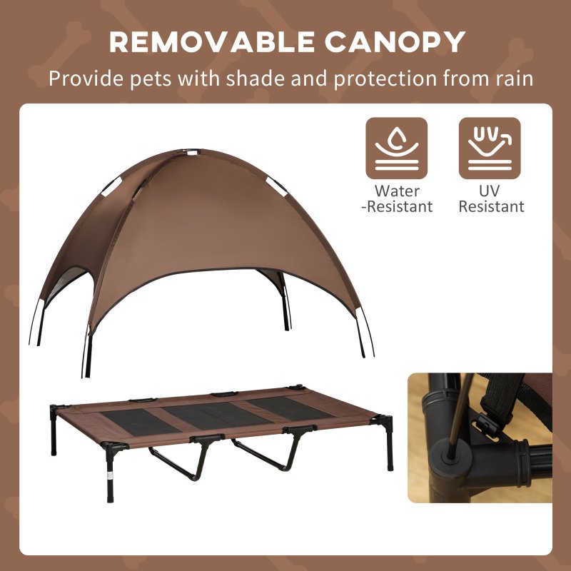 PawHut Raised Dog Bed Waterproof Elevated Pet Cot with Breathable Mesh UV Protection Canopy Brown, for XL Dogs, 122 x 92 x 108cm