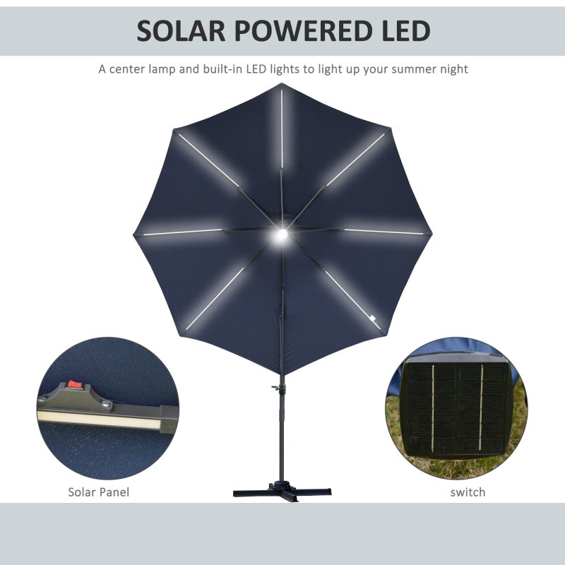 Outsunny 3(m) Cantilever Roma Parasol Garden Sun Umbrella Outdoor Patio with 360 Rotation Crank & Tilt Aluminium Frame LED Solar Light Cross Base, Blue