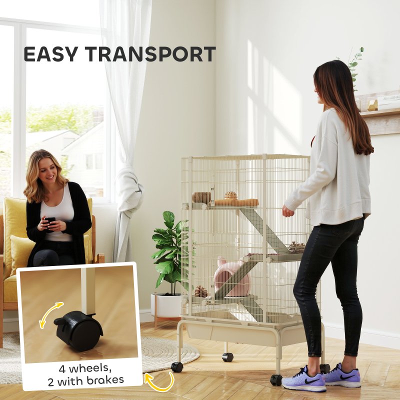 PawHut Rolling Rabbit Cage, 4 Level Rolling Rat Cage with 3 Ramps, Water Bottle, Food Dish, 15cm Deep Tray for Easy Cleaning, Small Pet Cage for Ferrets, Chinchillas, Squirrel, Syrian, Beige