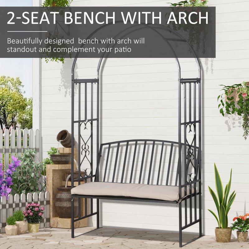 Outsunny Garden Metal Arch Bench, Outdoor Furniture Chair with Cushion Outdoor Patio Rose Trellis Arbour Pergola, for Climbing Plant 114L x 60W x 206H cm