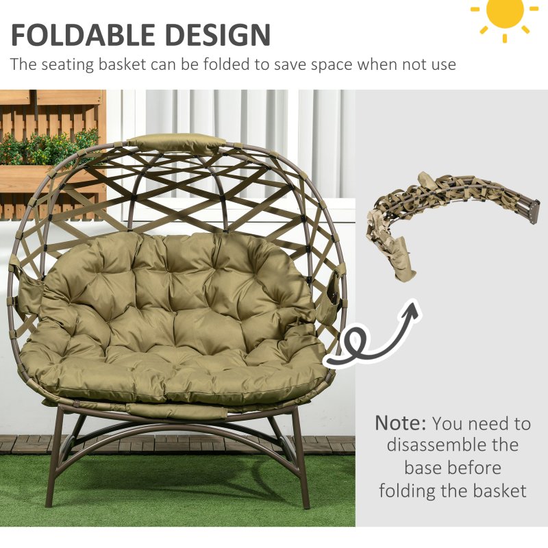Outsunny Egg Chair Outdoor, 2 Seater Folding Weave Garden Furniture Chair with Cushion, Cup Pockets for Patio Balcony - Khaki