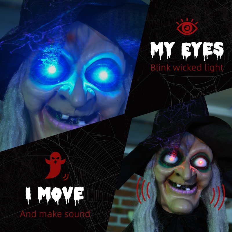 HOMCOM 6ft Outdoor Halloween Decoration Witch, Standing Witch Prop Life Size with Sound and Motion Activated, Light Up Eyes, Talking Sound, Posable Arms