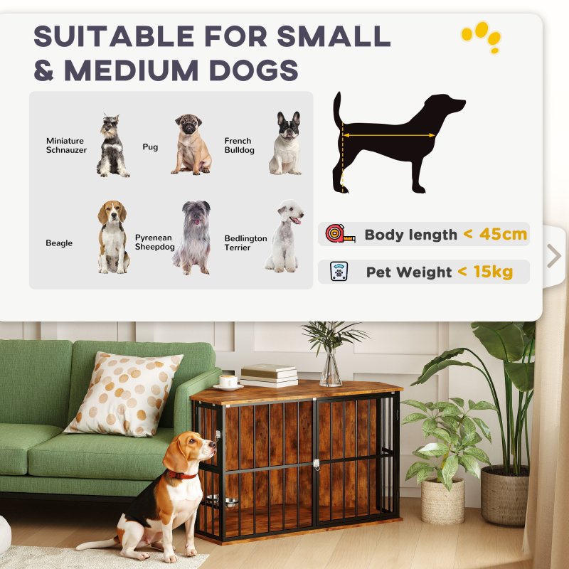 PawHut Corner Dog Crate Furniture, Dog Kennel Side End Table TV Stand with Two Bowls, Feeding Door, for Small, Medium Breeds, Rustic Brown