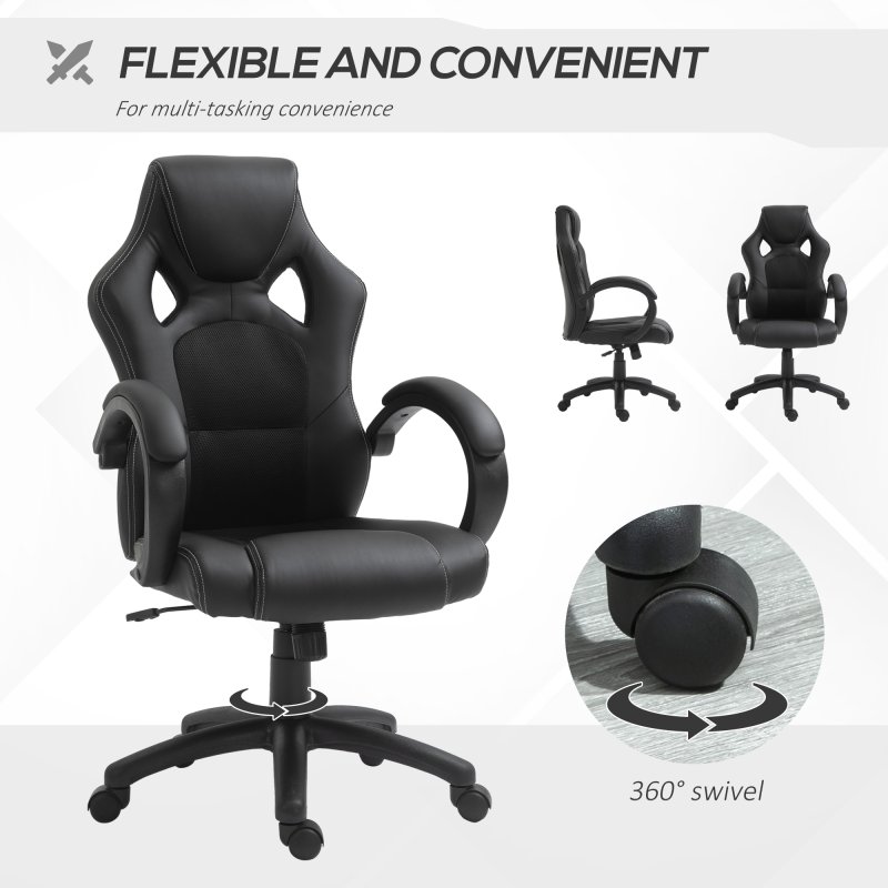 Vinsetto Gaming Chair Faux Leather Swivel Computer Racing Gamer Desk Chair for Home Office with Wheels, Black
