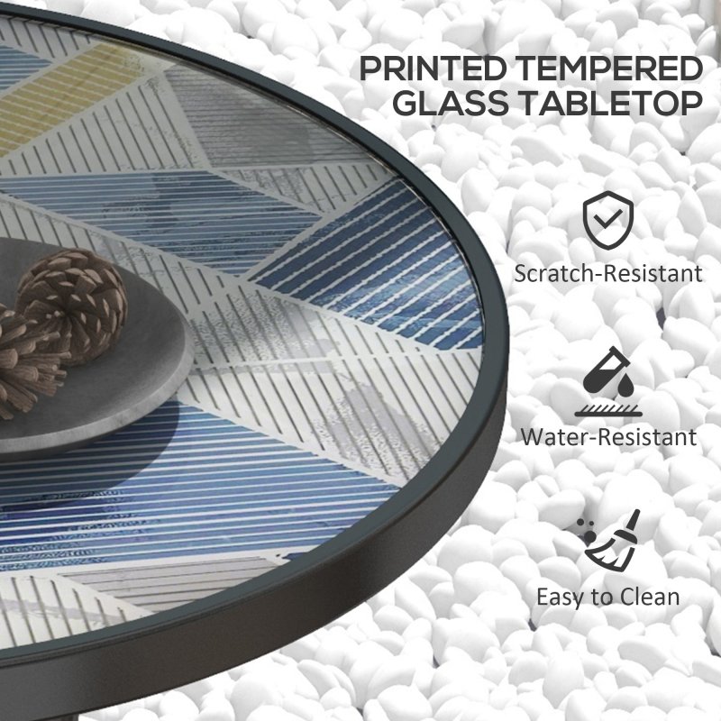 Outsunny 60 cm Garden Round Coffee Table,  Outdoor Side Table with Tempered Glass Printed Table Top and Foot Pads for Porch, Balcony, Multicolour