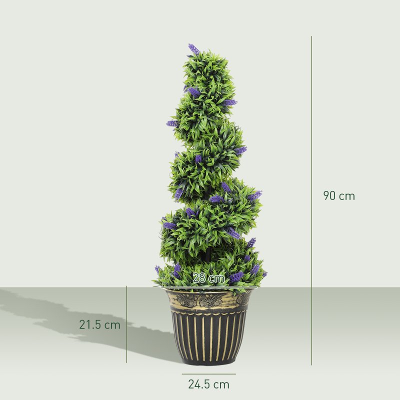 HOMCOM Set of 2 Decorative Artificial Plants, Boxwood Spiral Topiary Tree with Lavender and Pot, Fake Plants for Home Indoor Outdoor Decor, 90cm