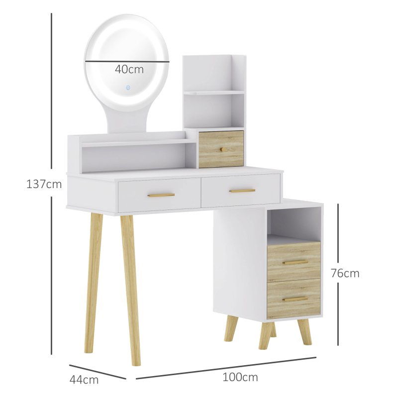 HOMCOM Dressing Table with Mirror, Vanity Table with Adjustable LED Lights, Makeup Desk with 5 Drawers and 5 Shelves, White