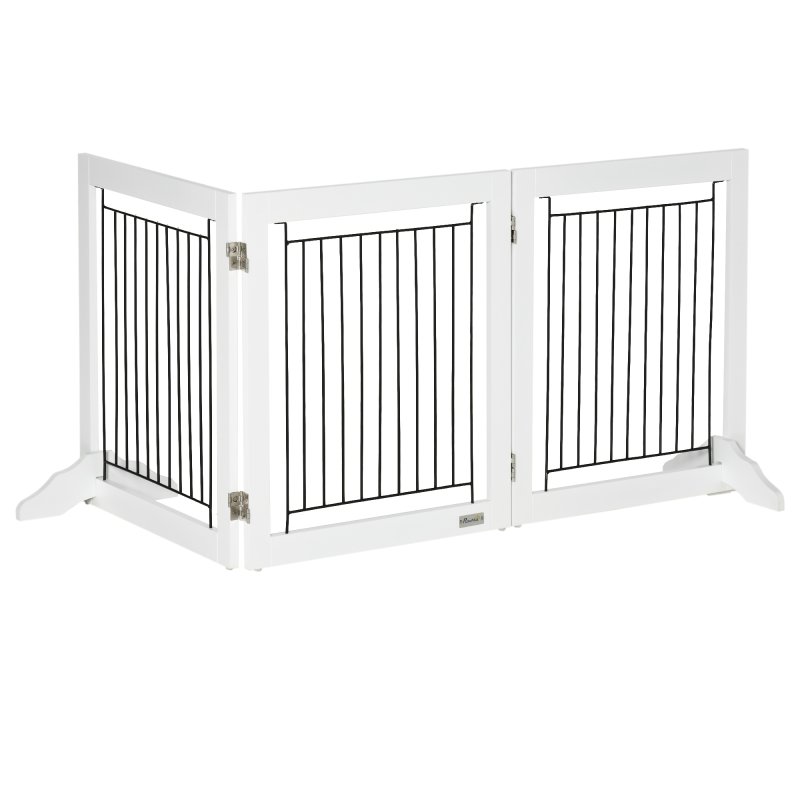 PawHut Freestanding Dog Cate, Foldable Wooden Pet Gate with  - 61cm Tall, for Stairways, Doorways, Hallways, Small Dogs - White