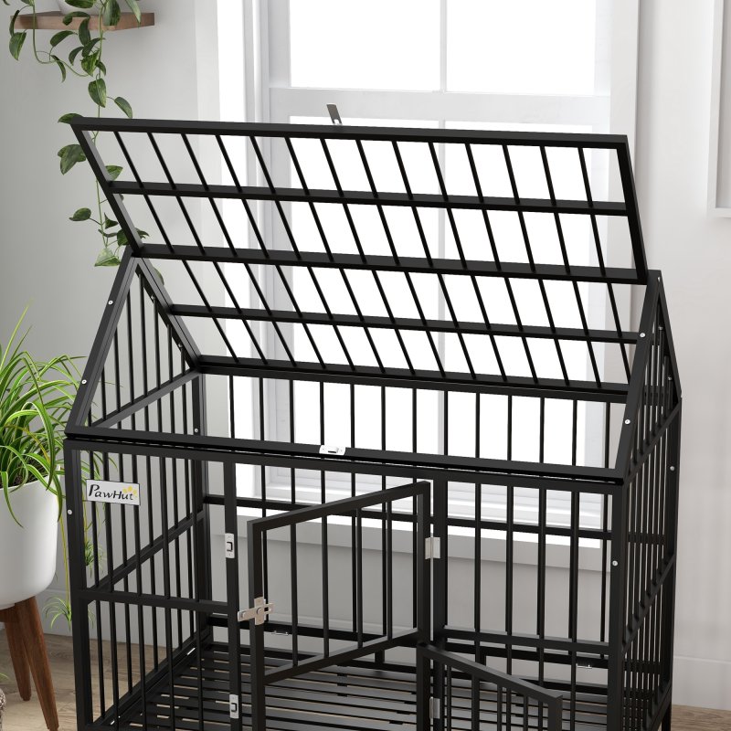 PawHut 48" Heavy Duty Dog Crate, Indoor Outdoor Dog Cage on Wheels with Locks, Removable Tray, Openable Top, 2 Doors, for Large and Extra Large Dog - Black