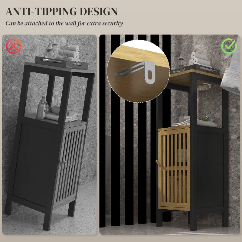 HOMCOM Slim Bathroom Storage Cabinet, Small Bamboo Bathroom Cabinet with Open Compartment and Adjustable Shelf