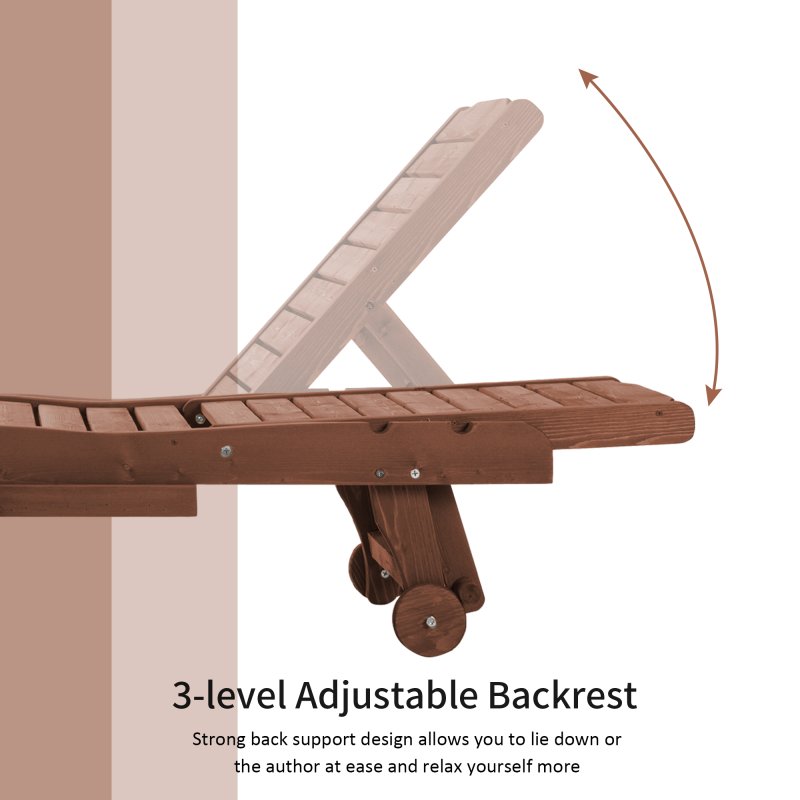 Outsunny Garden Patio Sun Lounger, Outdoor Wooden Sun Bed with Built-In Table, Reclining Backrest and Rolling Wheels for Sunbathing, Red Brown
