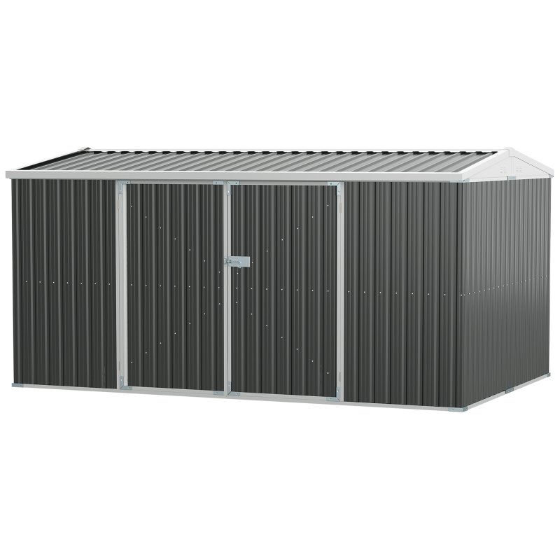 Outsunny 14 x 8ft Outdoor Garden Metal Storage Shed with Lockable Door, Tool Storage Box with Sloped Roof, 4 Windows and Floor Foundation for Backyard, Patio and Lawn - Grey