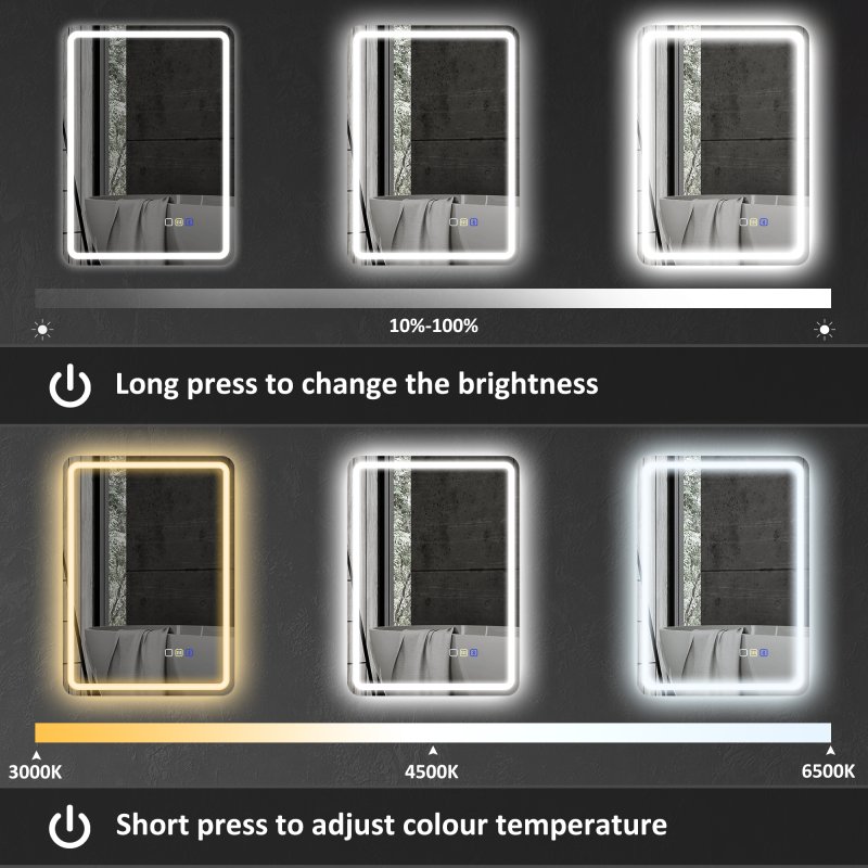 HOMCOM Bluetooth Bathroom Mirror with LED Lights, Illuminated Backlit Wall Mounted Vanity Mirror with 3 Colours Dimmable, Clock, Anti-Fog, Memory & Touch Switch, IP44