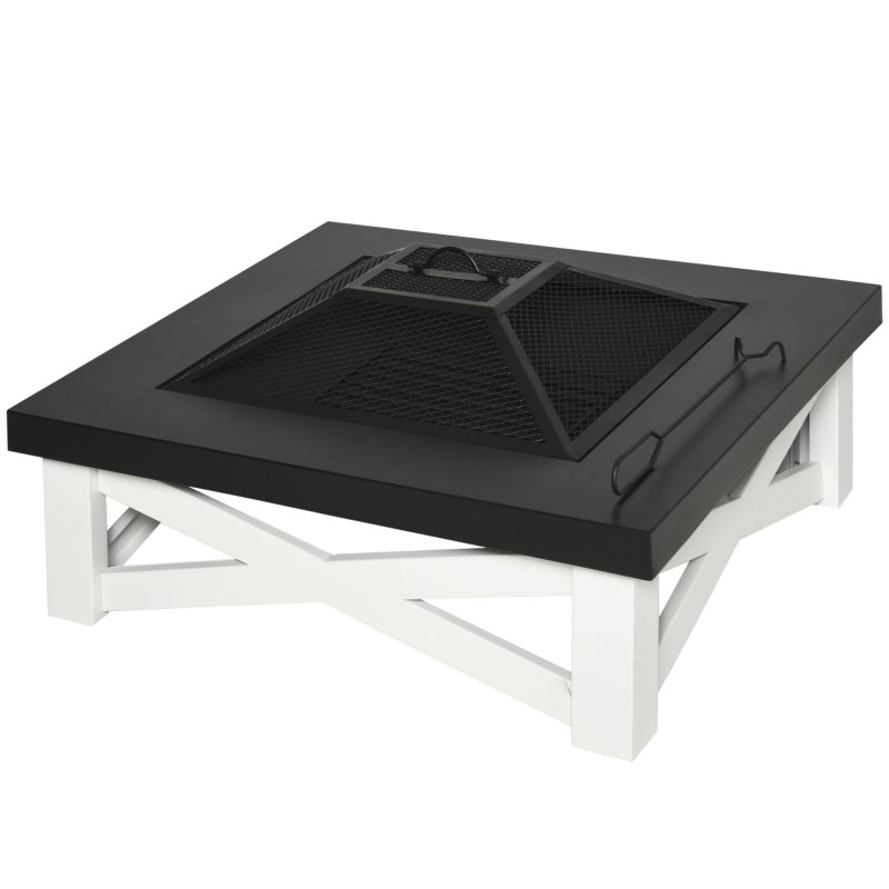 Outsunny Outdoor 3 in 1 Square Fire Pit Brazier with BBQ Grill, Metal Large Firepit with Lid, Log Grate, Poker for Backyard, Camping, Bonfire, Wood Burning Stove, 86 x 86 x 38cm, Black