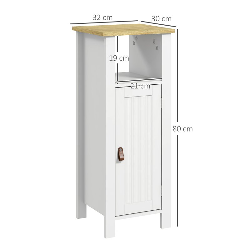 kleankin Slim Bathroom Storage Unit with Open Shelf, Bathroom Storage Cabinet with Beadboard Door and Adjustable Shelf, 32 x 30 x 80 cm, White
