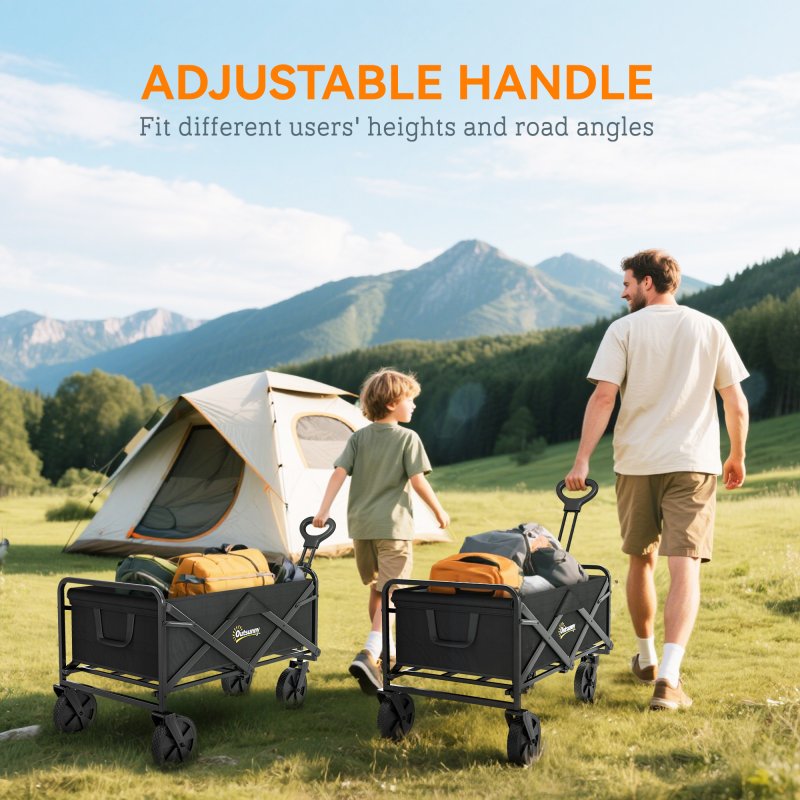 Outsunny 90L Festival Trolley on Wheels, Folding Camping Trolley Cart with Adjustable Handle, Portable for Outdoor, Garden, Shopping, Fishing, Black