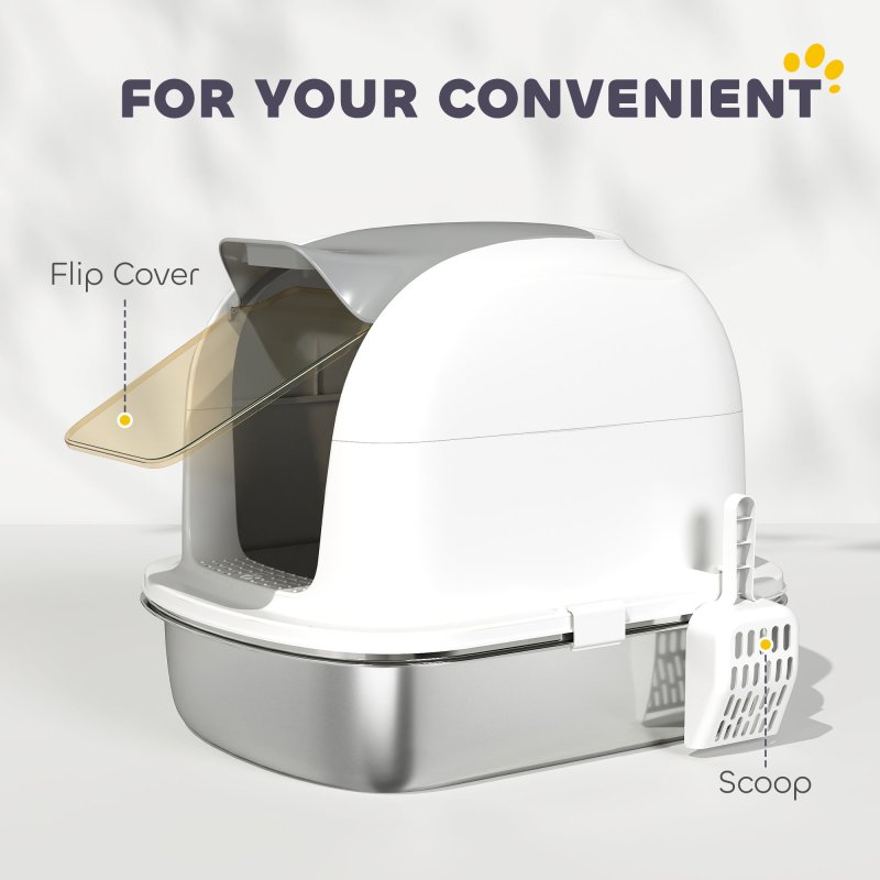 PawHut Stainless Steel Cat Litter Tray with Lid, High-Sided XL Enclosed Metal Litter Box for Big Cats with Scoop, Flip-Cover, Easy Clean