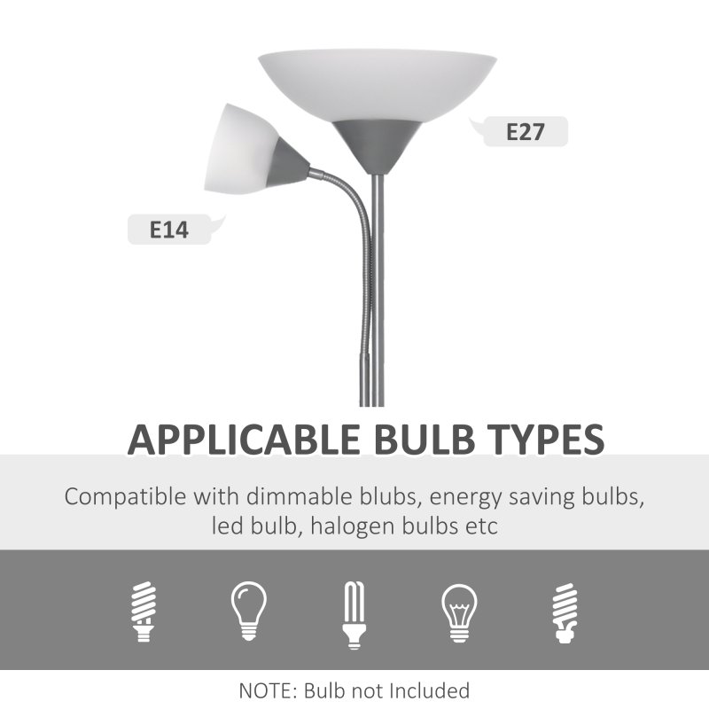 HOMCOM Modern Floor Lamp, Uplighter 2-Light Tall Standing Lamp with Adjustable Heads,  for Living Room, Bedroom, Office