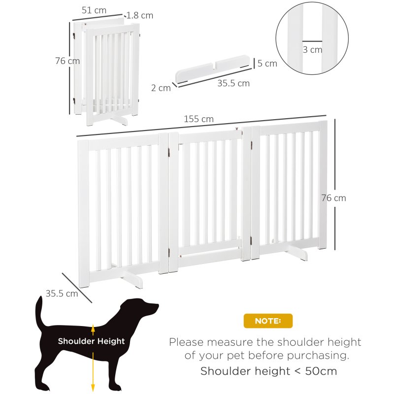 PawHut Freestanding Dog Gate, Foldable Pet Fence, Indoor Barrier, Stair Gate with Support Feet, 155 x 76 cm, White
