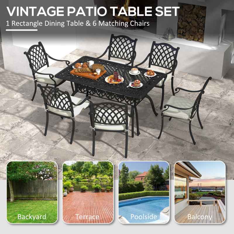 Outsunny 7 PCs Garden Patio Dining Set with Parasol Hole, Cast Aluminium Outdoor Furniture Set with Six Cushioned Chairs and Rectangle Dining Table, for Garden, Lawn, Deck, Black