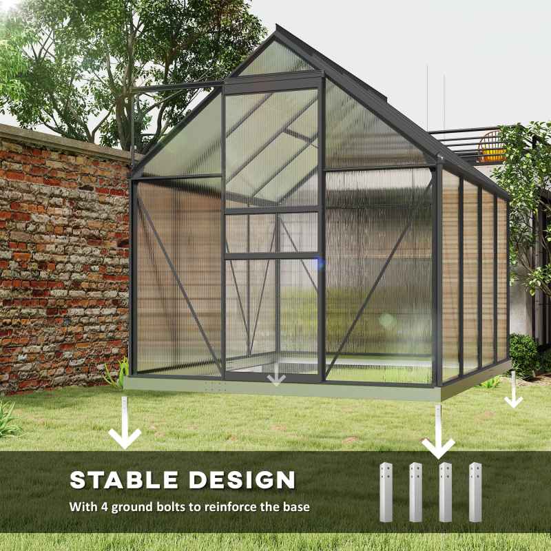 Outsunny 6 x 8ft Polycarbonate Greenhouse, Large Walk-In Greenhouse with Adjustable Roof Vent, Garden Green House with Galvanised Base, Sliding Door and Rain Gutter, Dark Grey