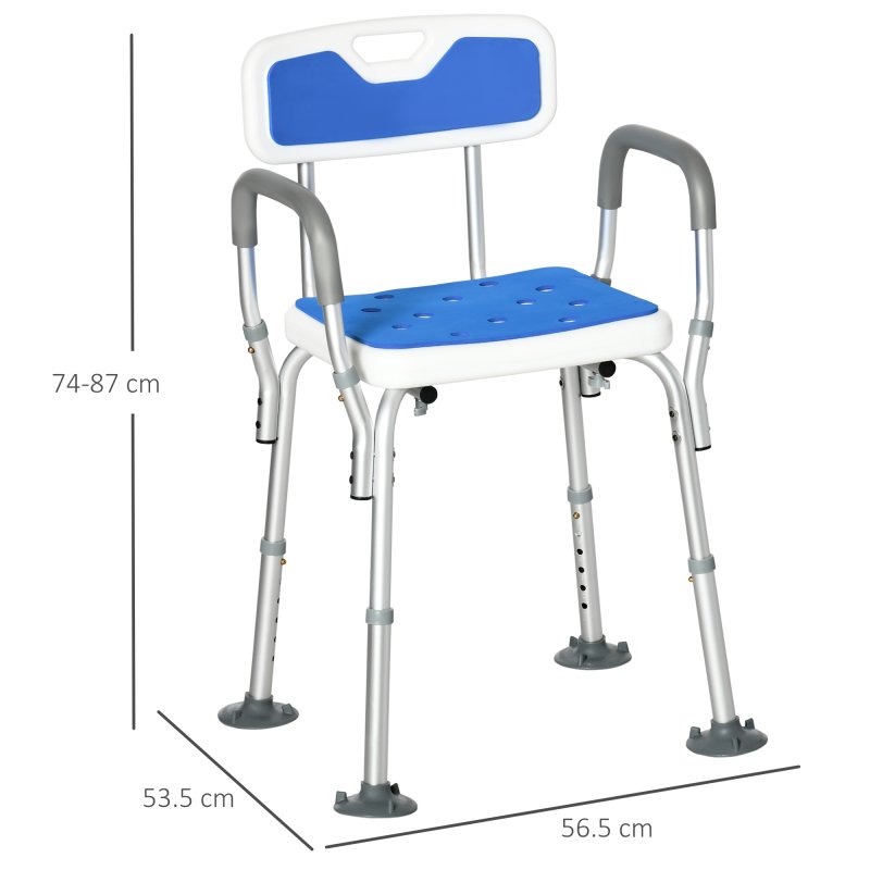 HOMCOM EVA Padded Shower Chair for the Elderly and Disabled, Height Adjustable Shower Stool with Back and Arms, 4 Suction Foot Pads