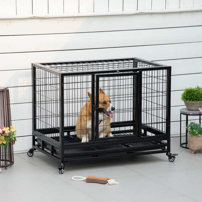 PawHut 36" Heavy Duty Metal Dog Crate Pet Cage with Tray Wheeled Dog Kennel - Black (Medium)