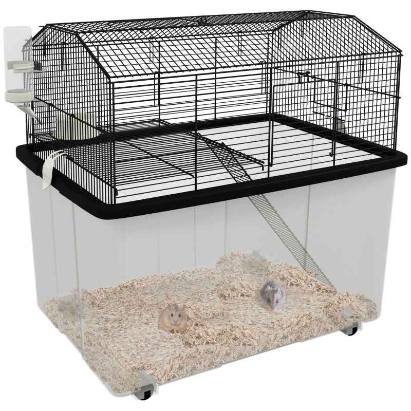 PawHut Hamster Cage, Gerbil Cage 2 Tier with Wheels, Deep Bottom, Ramp, Food Dish, Water Bottle, for Dwarf, Syrian, 57 x 43 x 57cm - Black