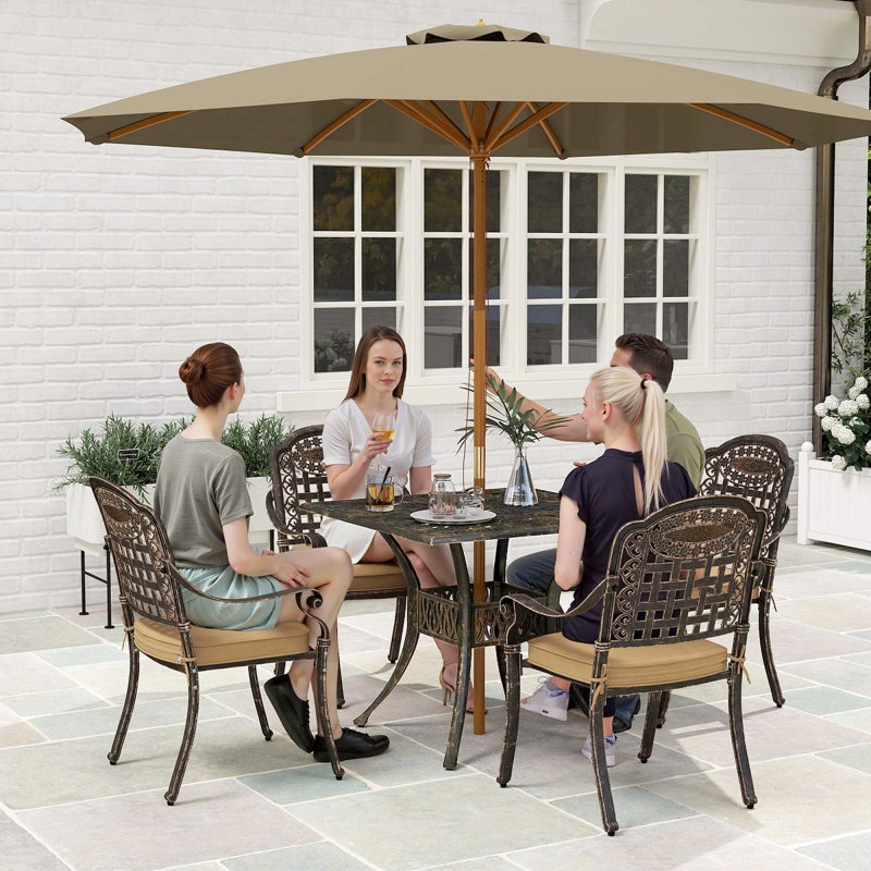 Outsunny 5 Pieces Cast Aluminium Garden Dining Set, 4 Seater Garden Table and Chairs with Parasol Hole, Outdoor Garden Furniture Set with Cushions for Patio, Bronze Tone