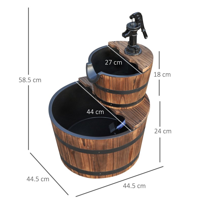 Outsunny Wooden 2-Tier Barrel Water Fountain with Pump Freestanding Cascading Feature Self Contained Water Pump Garden Decoration