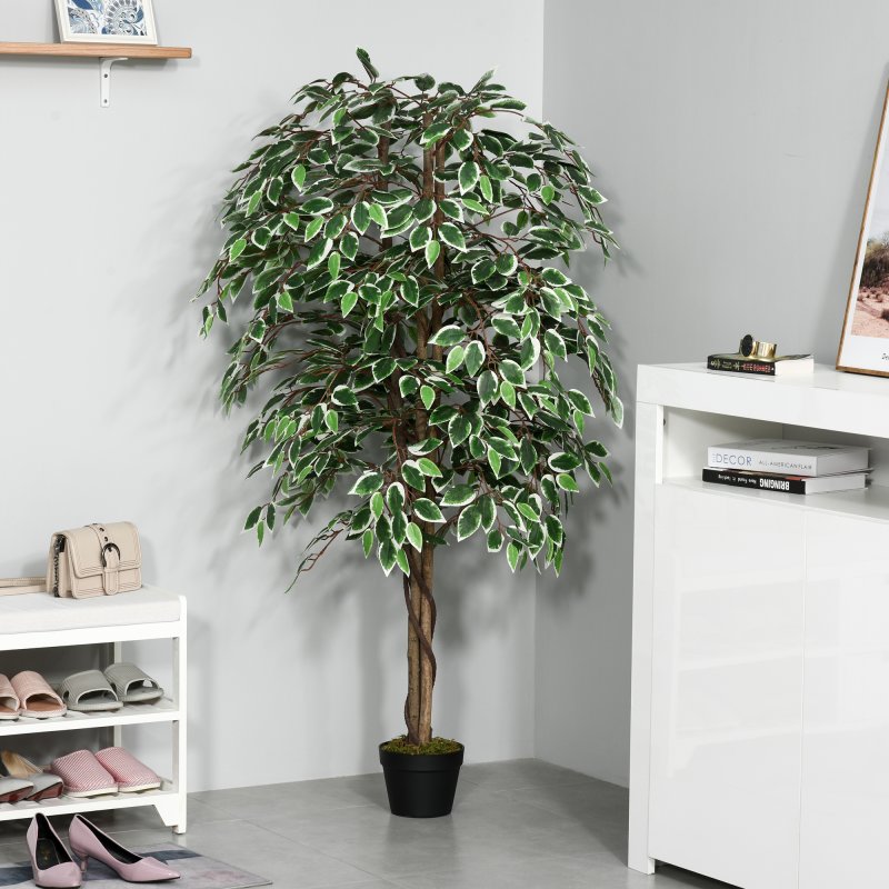 Outsunny 160cm/5.2FT Artificial Ficus Silk Tree with Nursery Pot, Decorative Fake Plant, for Indoor Outdoor D??cor