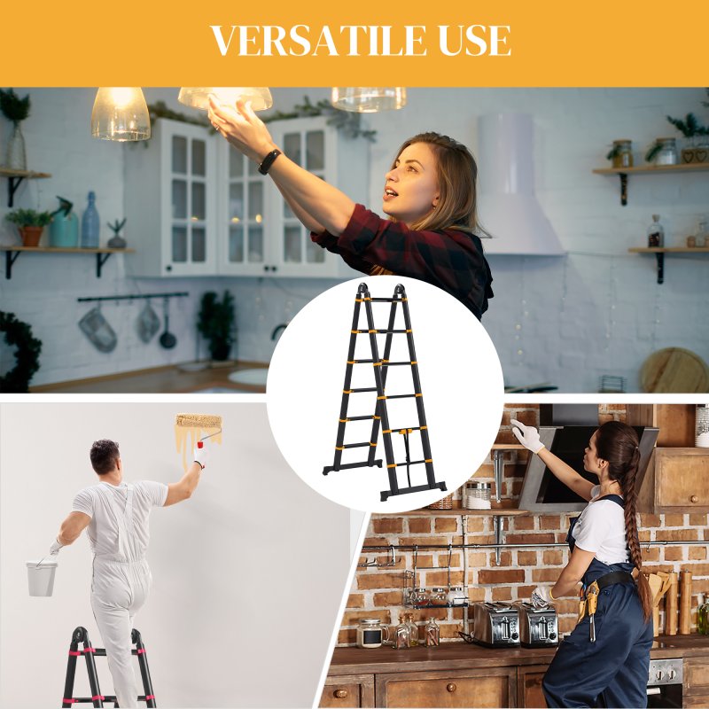 HOMCOM 3.8M Duo Aluminium Ladder with 12 Non-Slip Steps, Tool Holder Herringbone Deployed Extendable DIY with Climbing Platform, Yellow