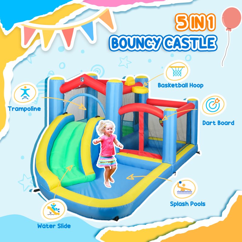 AIYAPLAY Bouncy Castle, Inflatable Bounce House with 550W Blower, Basketball Hoop, Long Slide, Dart Board, Carrying Bag, for Party, Park, Ages 3-8, 385 x 290 x 180 cm