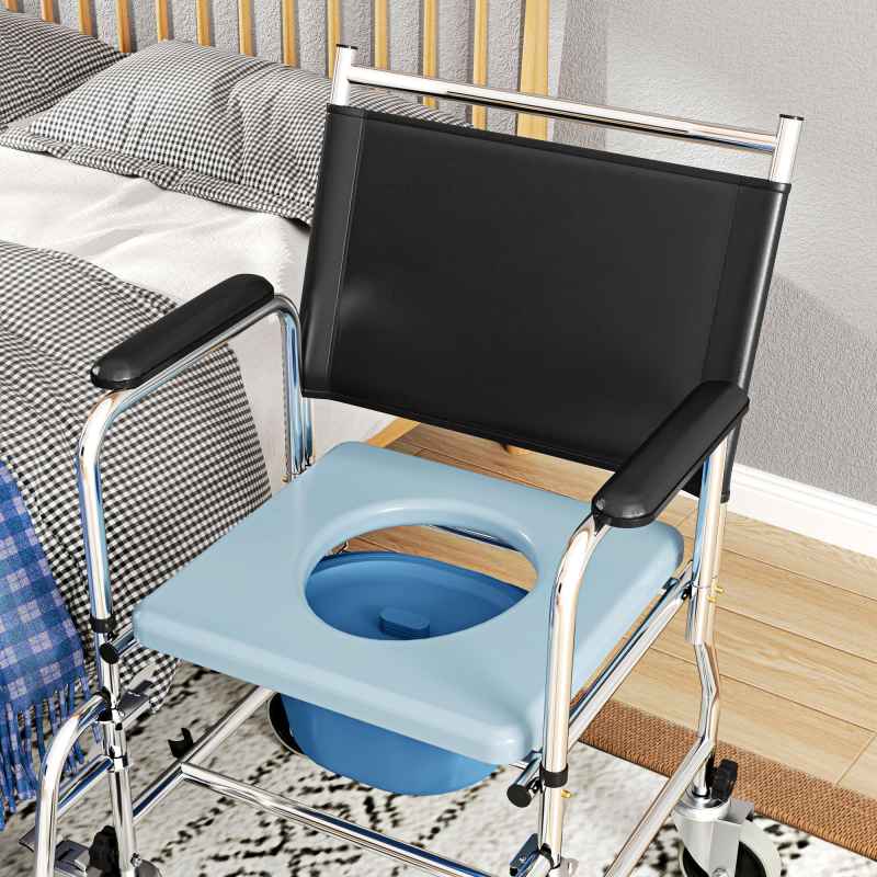 HOMCOM Rolling Shower Chair with Wheels, Bedside Commode Wheelchair with Padded Seat, Backrest, for Seniors, Adults, Injured or Disabled, Black