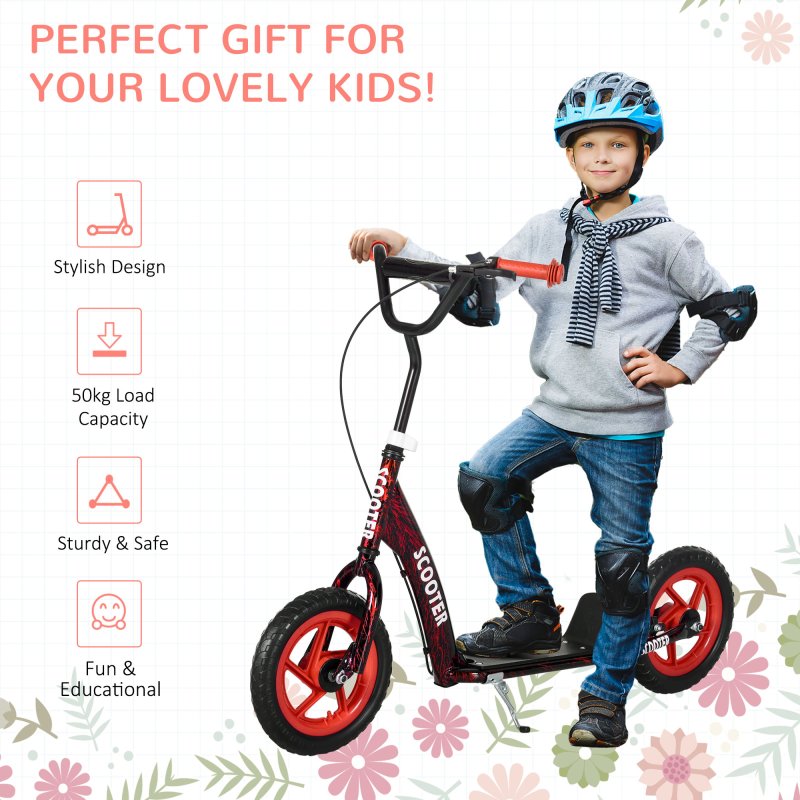 AIYAPLAY Kids Scooter, Big Wheel Kick Scooter with Adjustable Height Handlebar, Non-slip Footplate, Rear Brake, Kickstand, for Kids 6-12 Years Old, Red