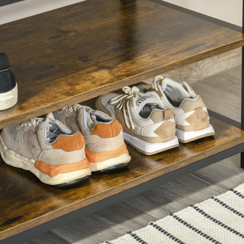 HOMCOM Coat Rack Stand, Free Standing Hall Tree, Coat Stand with Hooks, Bench and Shoe Rack, 100cm x 40cm x 184cm, Industrial Style, Rustic Brown and Black