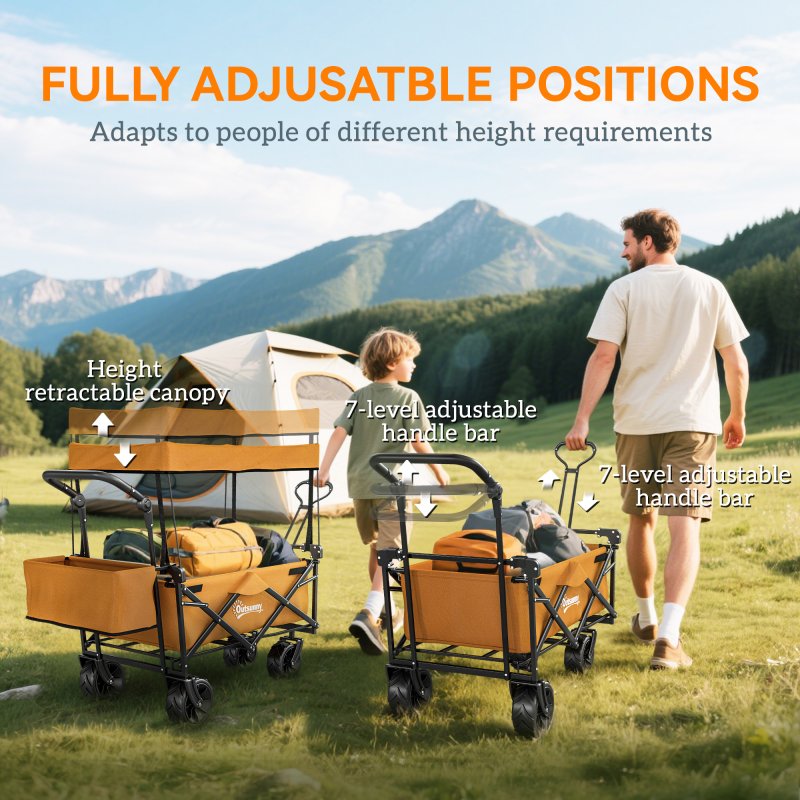 Outsunny 120L Festival Trolley on Wheels, Folding Camping Trolley Cart with Removable Canopy, All-Terrain Wheels, Adjustable Handle and Side Pockets for Garden Beach Fishing Shopping, Orange