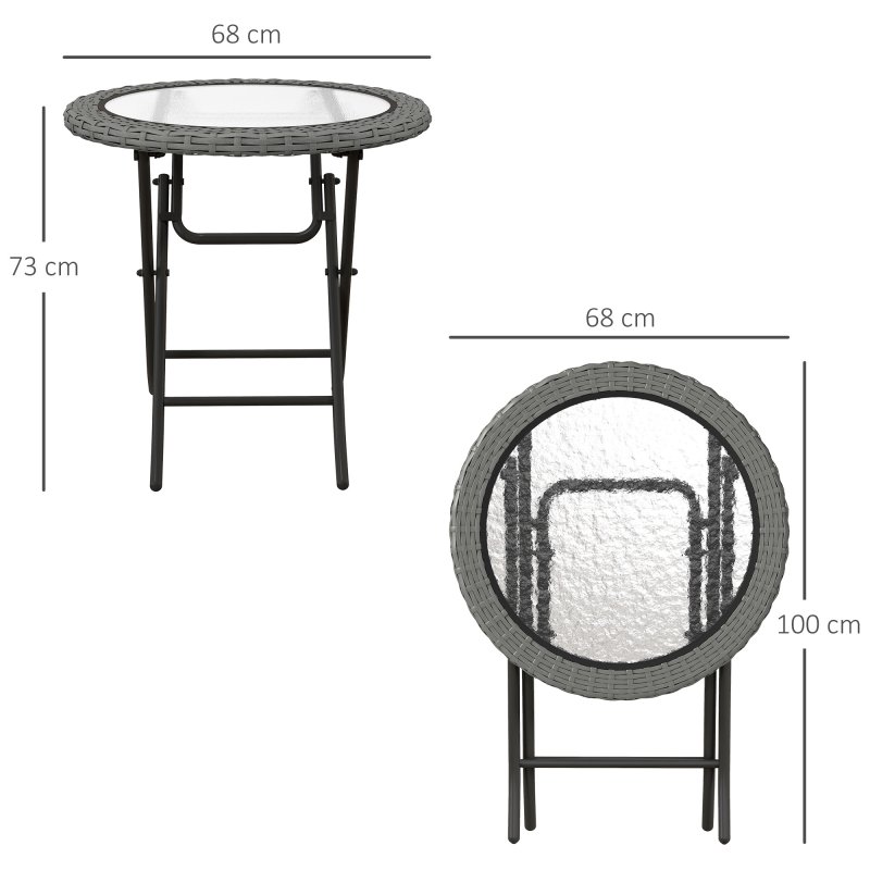 Outsunny Folding Rattan Garden Dining Table, 68 cm Round Rattan Garden Table with Water Ripple Tempered Glass Top, Wicker Edging  and Steel Frame for Outdoor, Patio, Grey