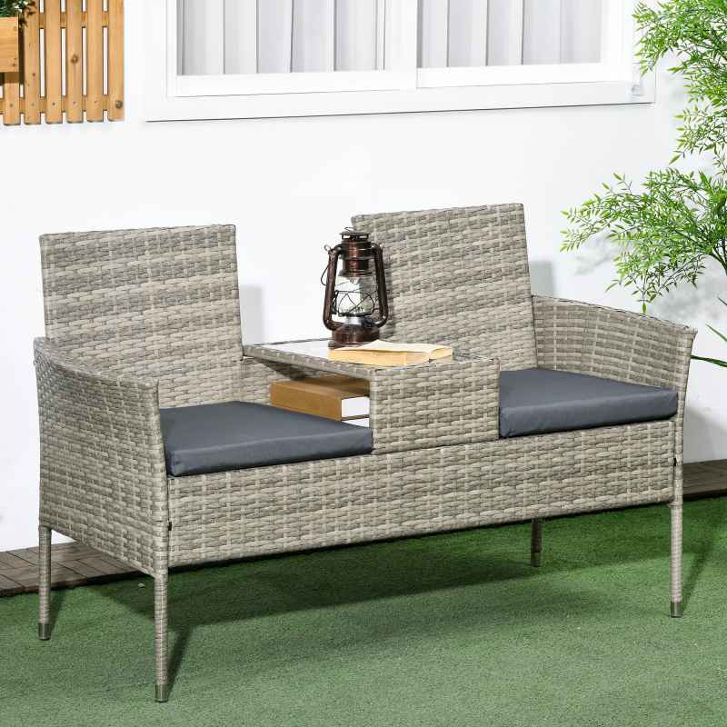Outsunny 2 Seat Rattan Garden Bench, Patio Wicker Chair with Glass Tea Table, Outdoor Love Seat with Padded Cushions, for Garden, Porch, Mixed Grey/Grey