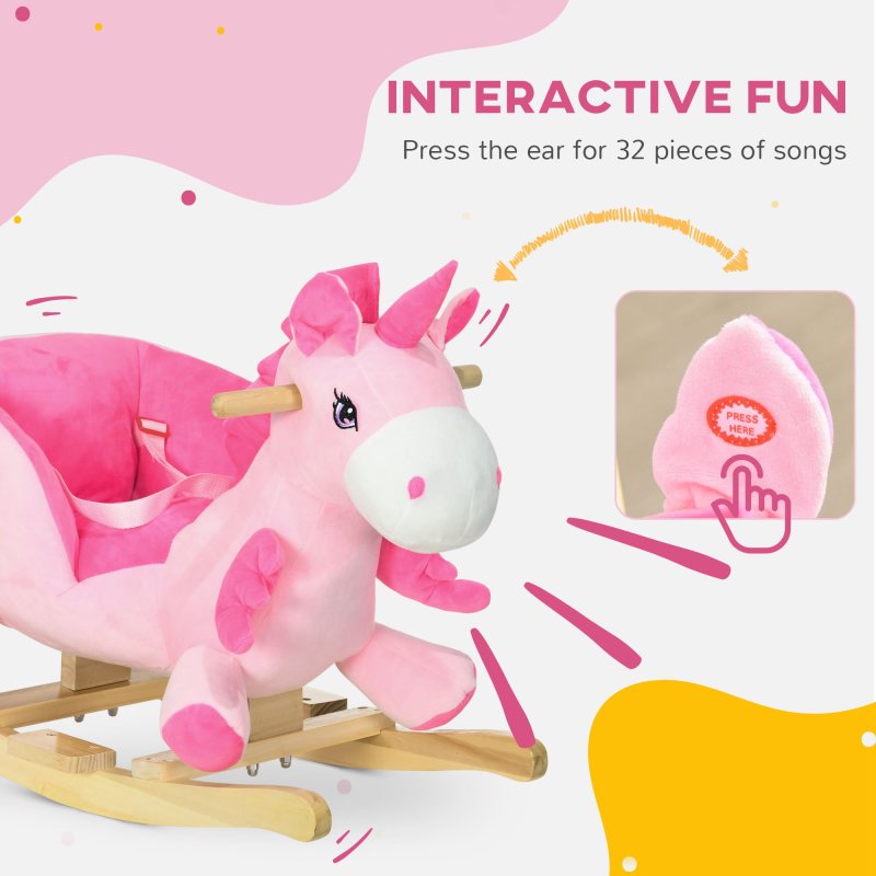HOMCOM Rocking Horse, Kids Plush Ride on Unicorn with Songs, Wooden Base, Seat Belt, for Toddlers 18-36 Months, Pink