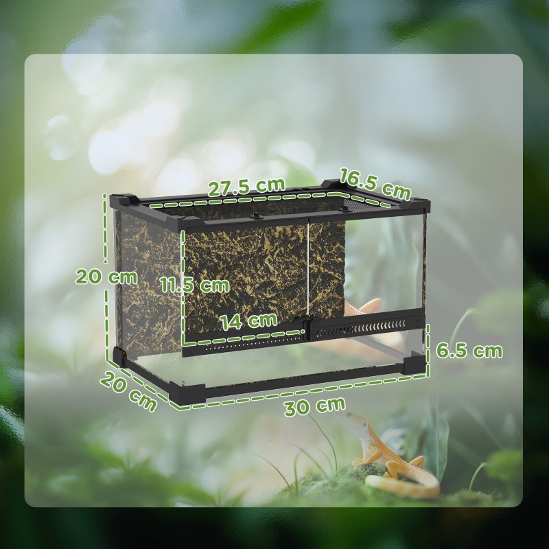 PawHut Reptile Glass Terrarium, Reptile Vivarium with Stone Background, Front Ventilation, Escape-Proof Knob Lock, Glass Enclosure for Lizards, Horned Frogs, Snakes, 30 x 20 x 20 cm, Black