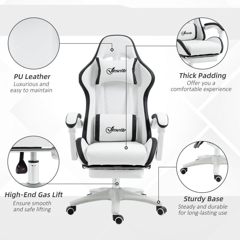 Vinsetto Computer Gaming Chair, PU Leather Office Desk Chair with Footrest, Swivel Wheels, 135?? Reclining Back, Lumbar Support, Headrest for Home, White and Black