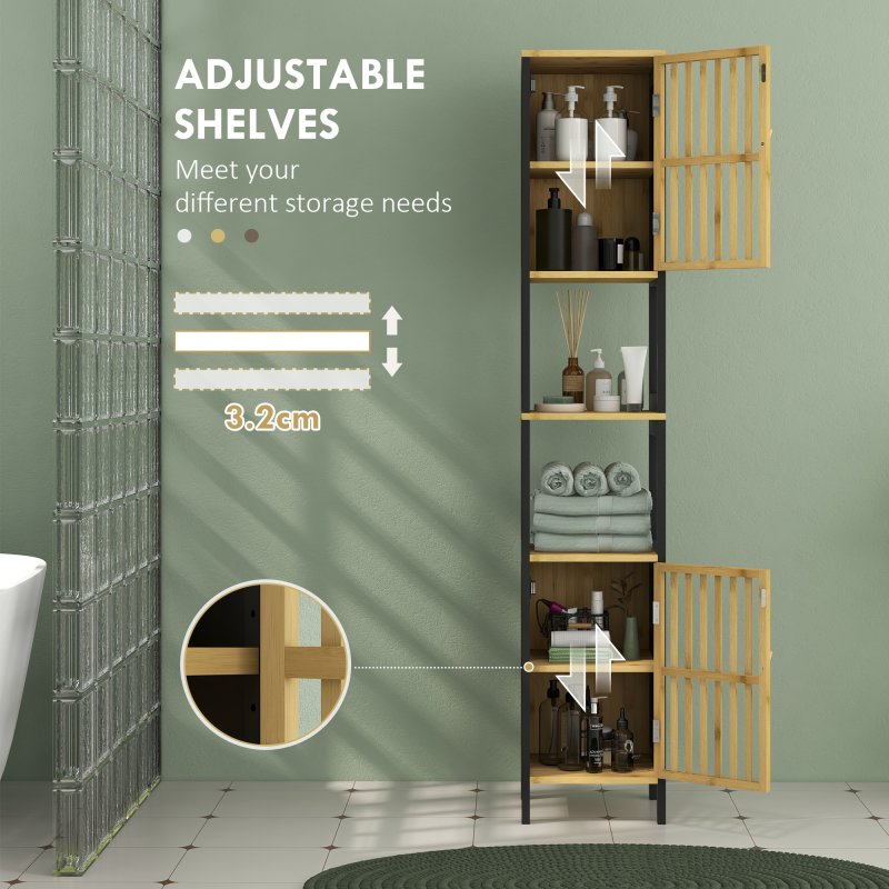 HOMCOM Tall Bathroom Storage Cabinet, Slim Bamboo Bathroom Cabinet with 2 Open Compartments, 2 Slatted Doors and Adjustable Shelves