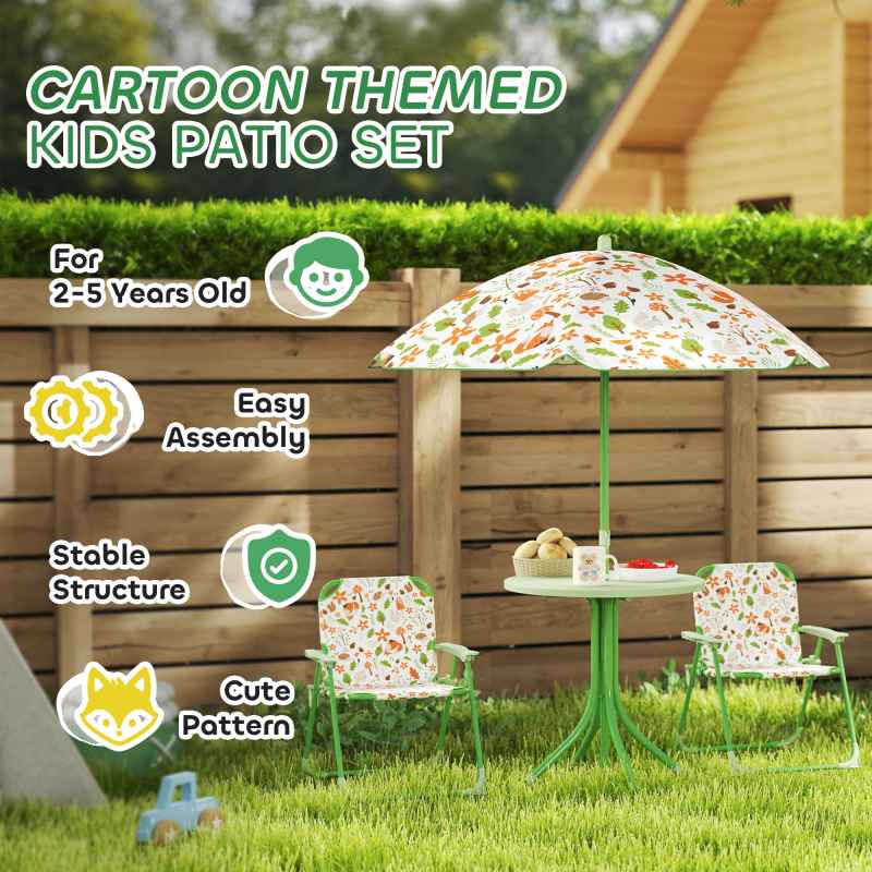 AIYAPLAY Children Table and Chair Set with Adjustable Parasol, 2 Folding Chairs, Picnic Table, Fox Pattern Outdoor Patio Set, for Ages 2-5 Years, Green