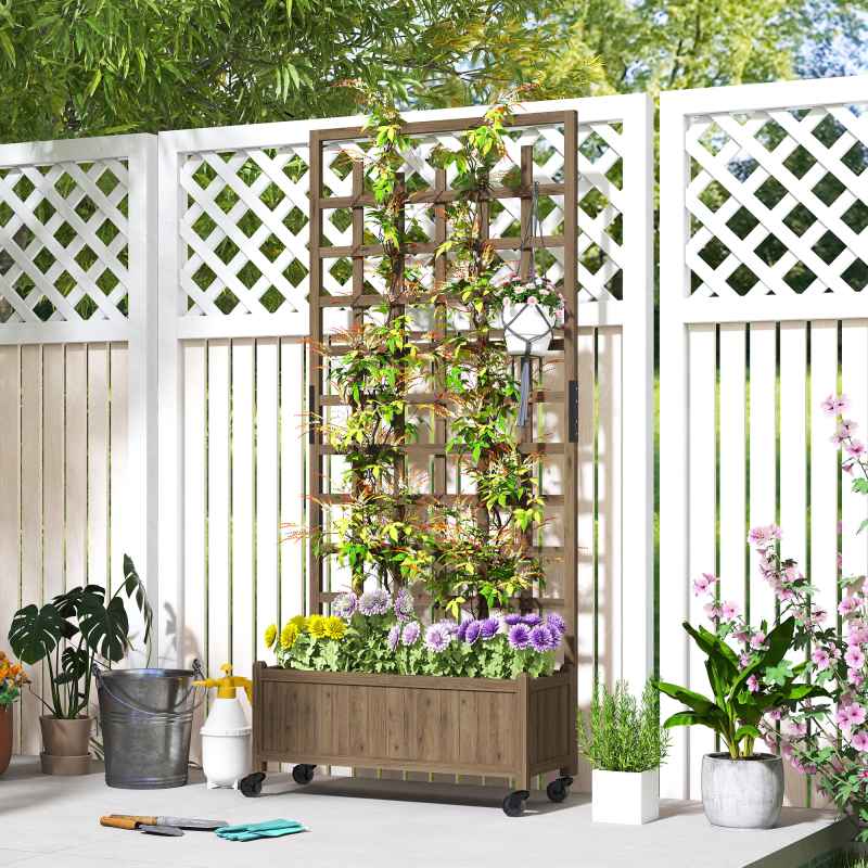 Outsunny Wooden Trellis Planter, Raised Beds for Garden with Wheels and Drainage Holes, Privacy Screen Planter Box to Grow Vegetables, Herbs and Flowers for Garden, Patio, Deck, Brown