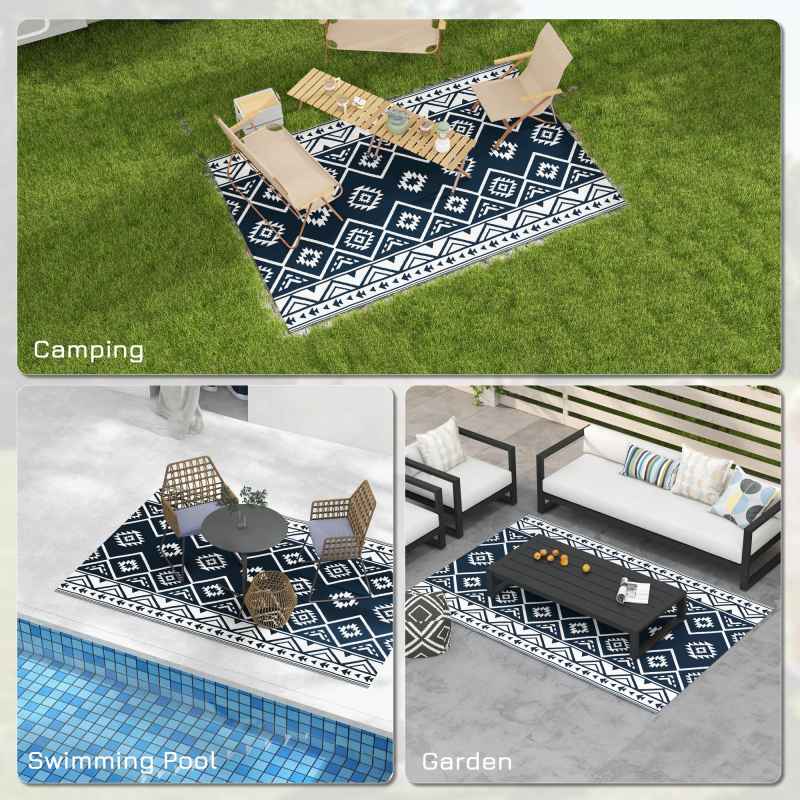 Outsunny Reversible Outdoor Rug with Carry Bag, Waterproof Plastic Straw Mat for Garden, Deck, RV, Picnic, Beach, Camping, 182 x 274cm, Dark Blue and White