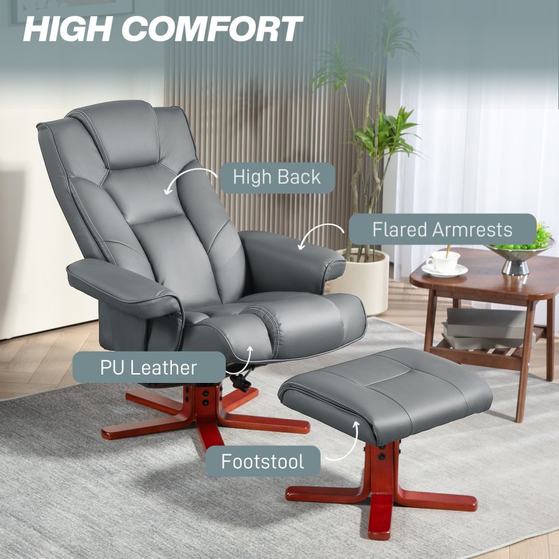 HOMCOM Recliner Chair with Footstool, PU Leather Upholstered Armchair with Adjustable Backrest, Leisure Lounge Chair for Living Room, Bedroom, Grey