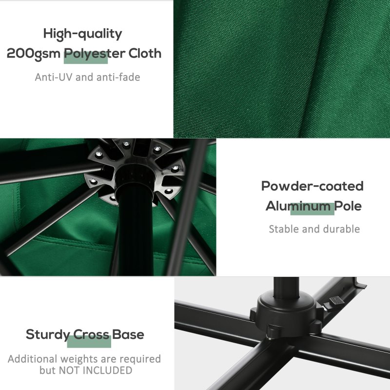 Outsunny 2.5 x 2.5m Patio Offset Parasol Umbrella Cantilever Hanging Aluminium Sun Shade Canopy Shelter 360 Rotation with Crank Handle and Cross Base, Green