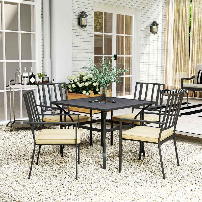 Outsunny 5 Pieces Garden Dining Set with Cushions, Outdoor Patio Table and 4 Stackable Chairs, Metal Top Table with Umbrella Hole, Black